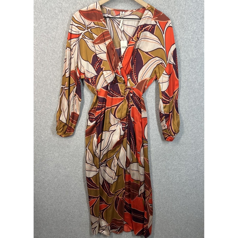 Anthropologie Womens XXS Floral Faux Wrap Midi Dress Orange Red Satin Long